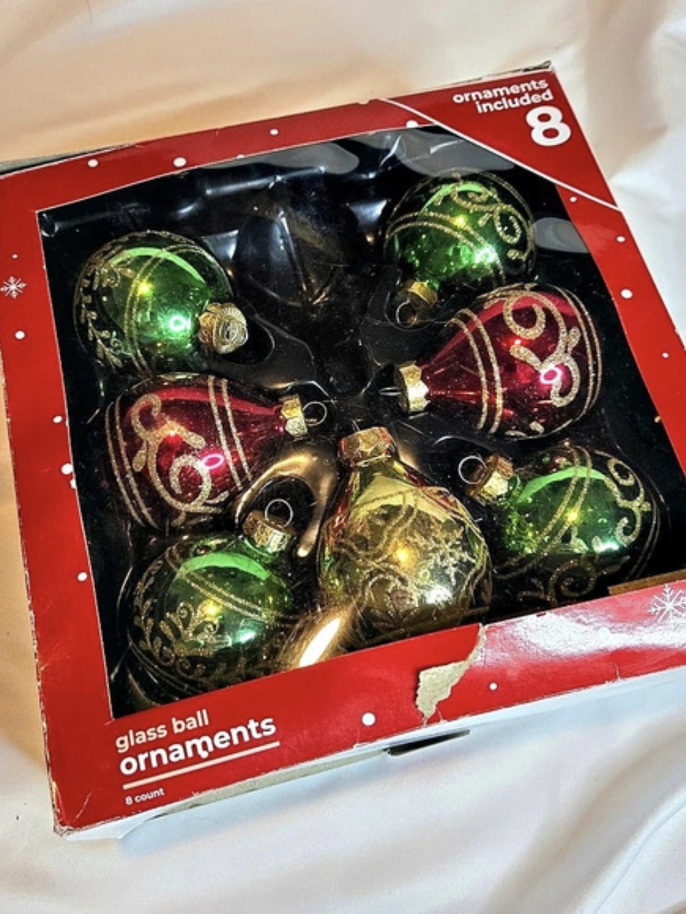 Lot of 7 Vintage Glass Christmas Ornaments in Box Red Green Gold Happy Home Set